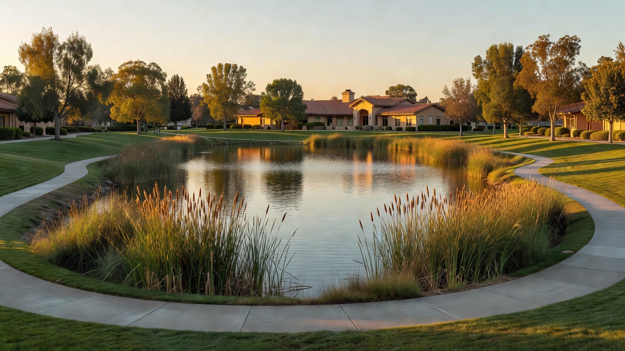 Planned-community lake and walking path in the character of Harveston Temecula